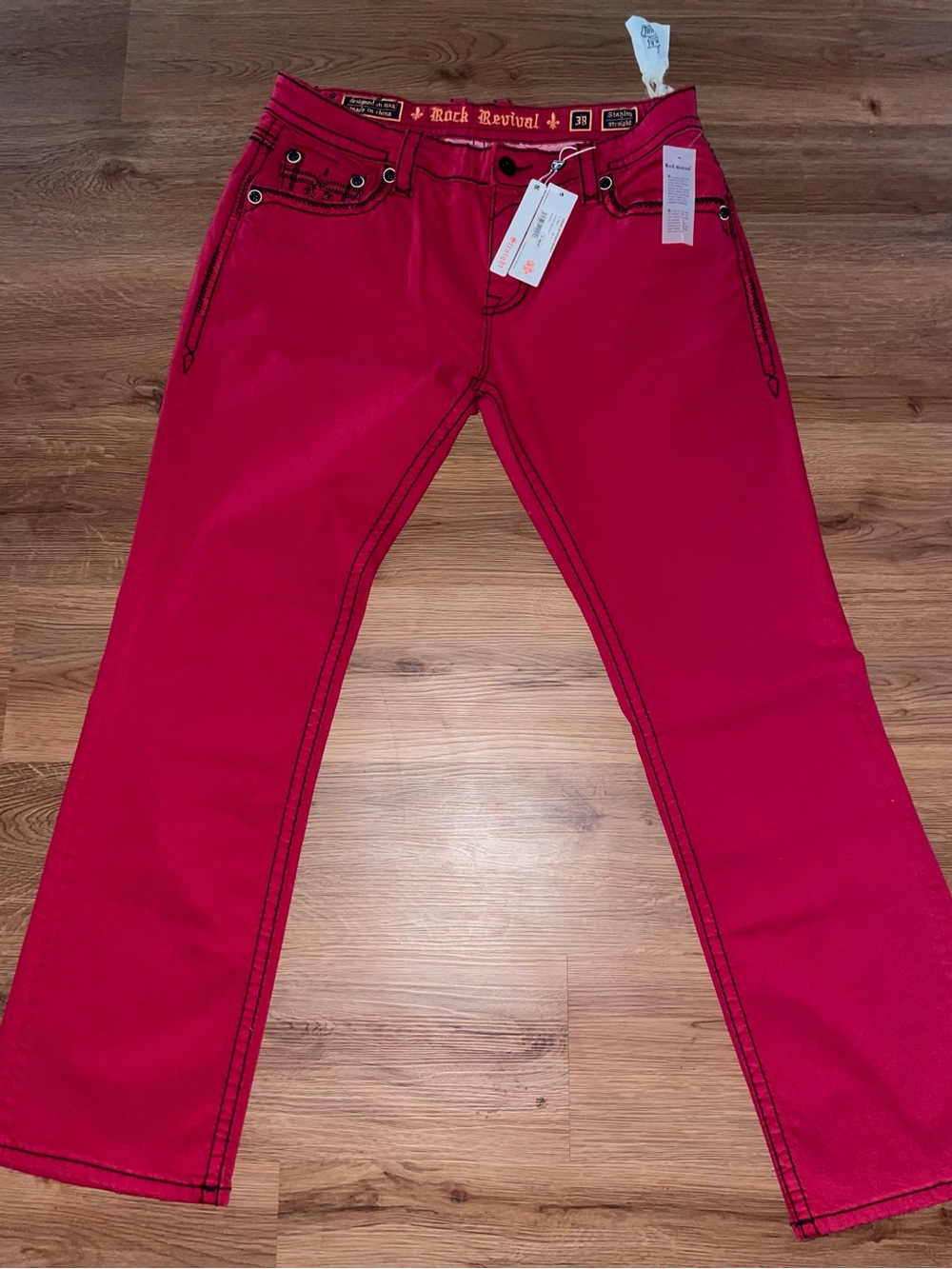 Rock Revival Men's Bright Red Straight Jeans with Contrast Stitching